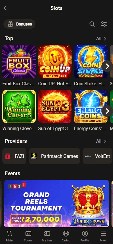 Parimatch Casino mobile games area with slots and live casino categories
