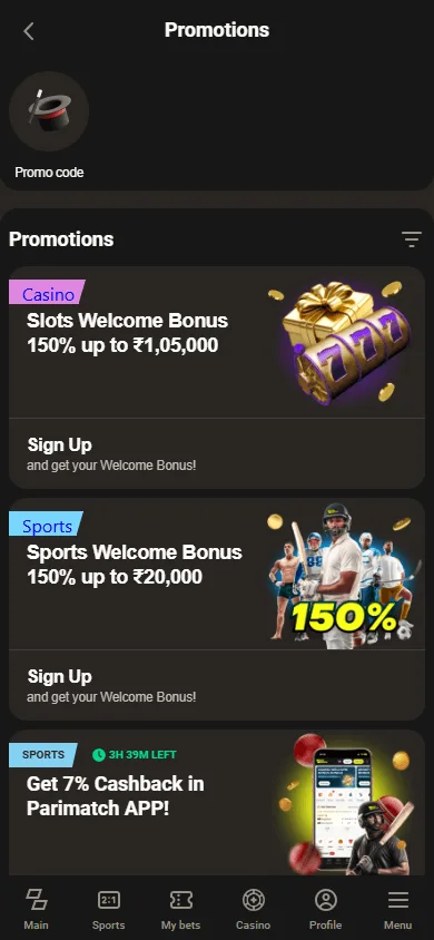 Parimatch Casino mobile promotions area showing bonus stages and rewards