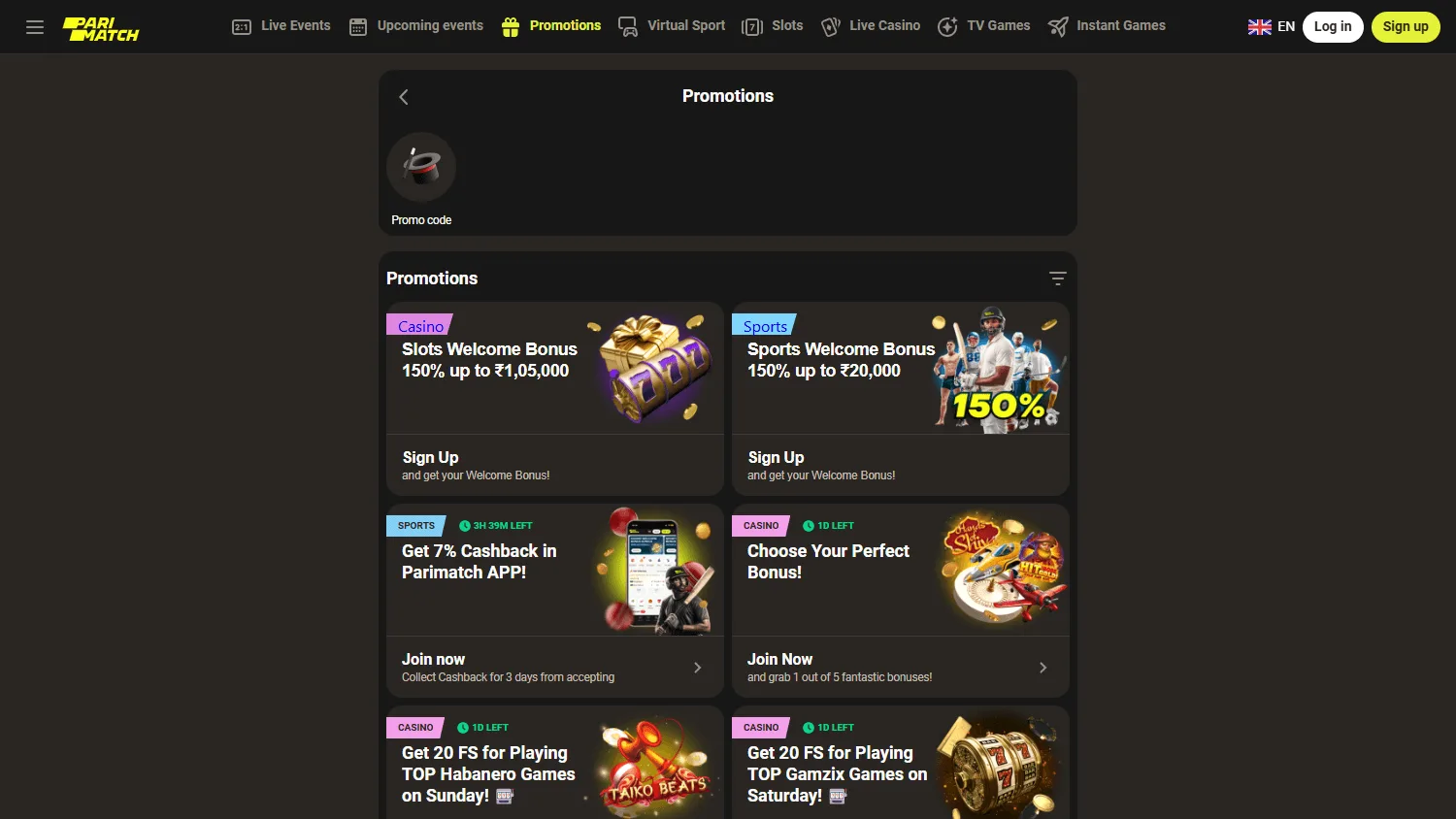 Parimatch Casino desktop promotions area showing welcome and ongoing rewards