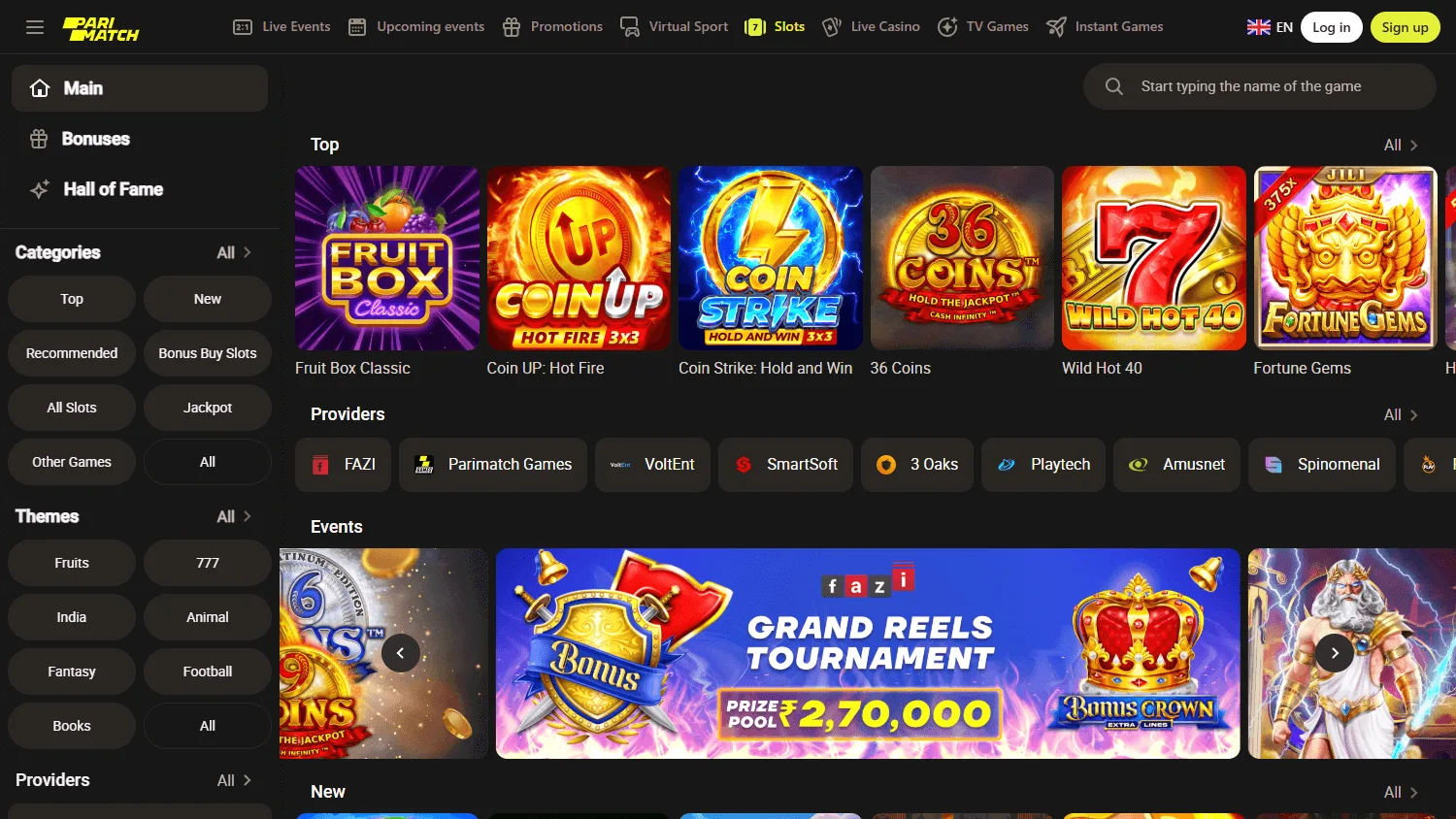 Parimatch Casino desktop games area with casino categories and game library