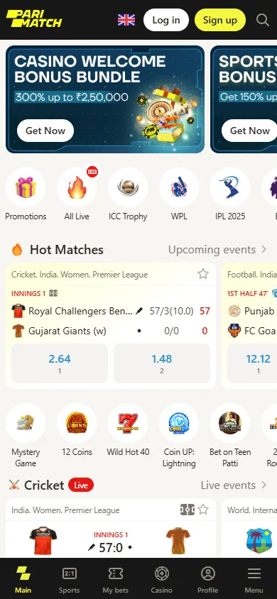Parimatch Casino mobile home experience with casino access and account tools