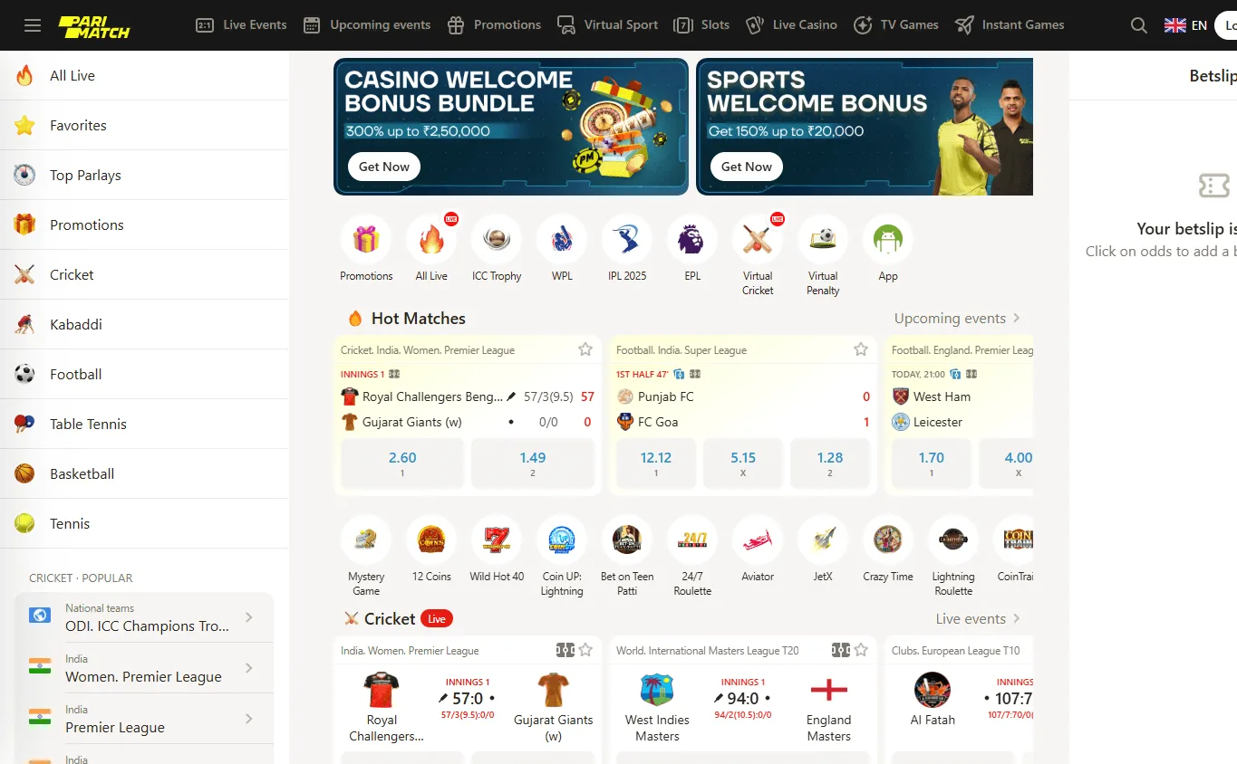Parimatch Casino desktop home showing the casino offer and main account areas